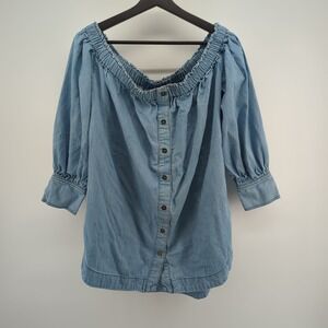 Free People Shirt Top Boho Chambray Off Shoulder Oversize Flowy Button Up Medium